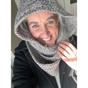 Hand Knit Balaclava (Hood/Scarf Combo), Brown/Grey, EUC, OS